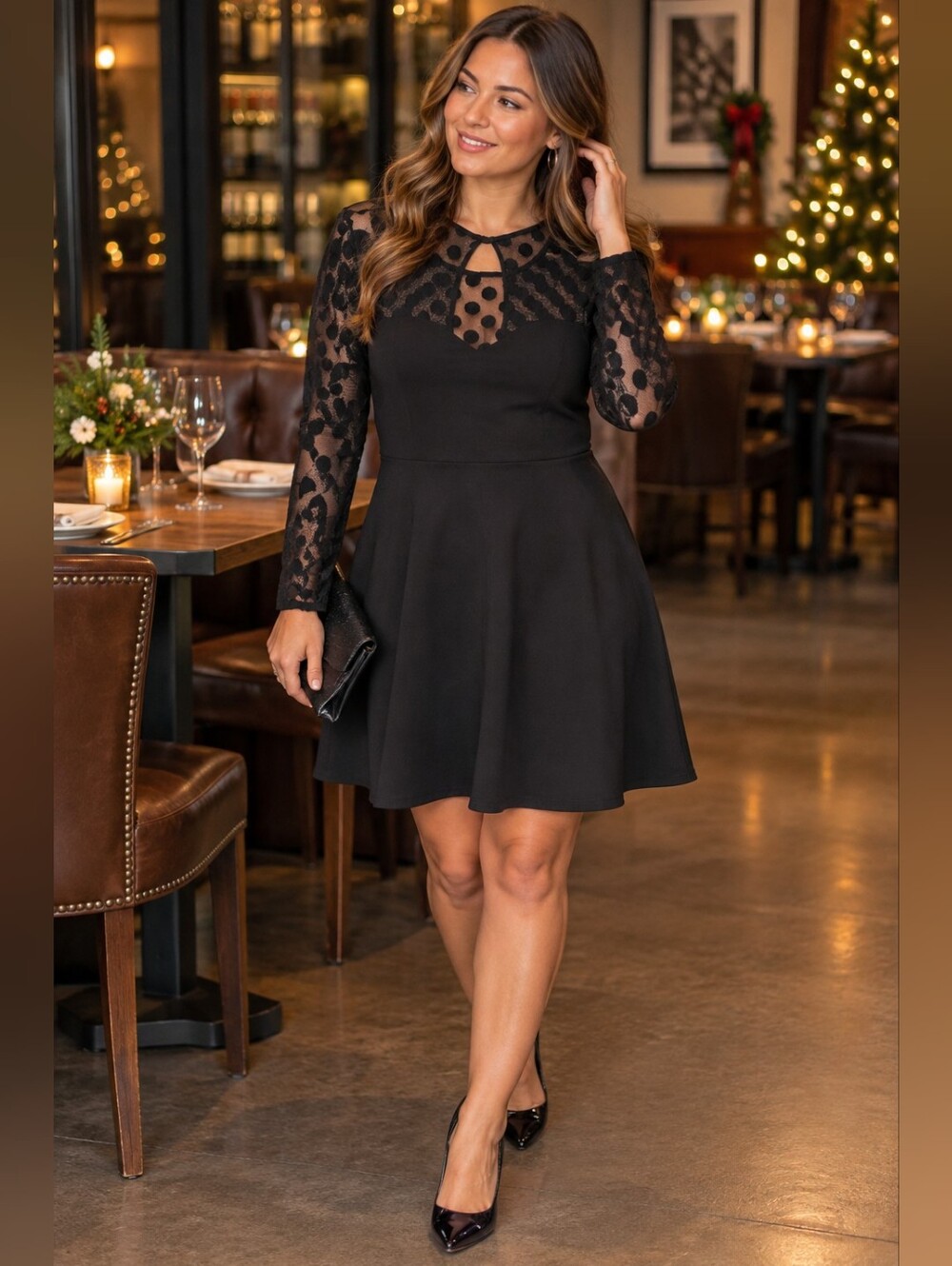 Lulus Black Lace Polka Dot Fit & Flare Mini Dress Made in USA